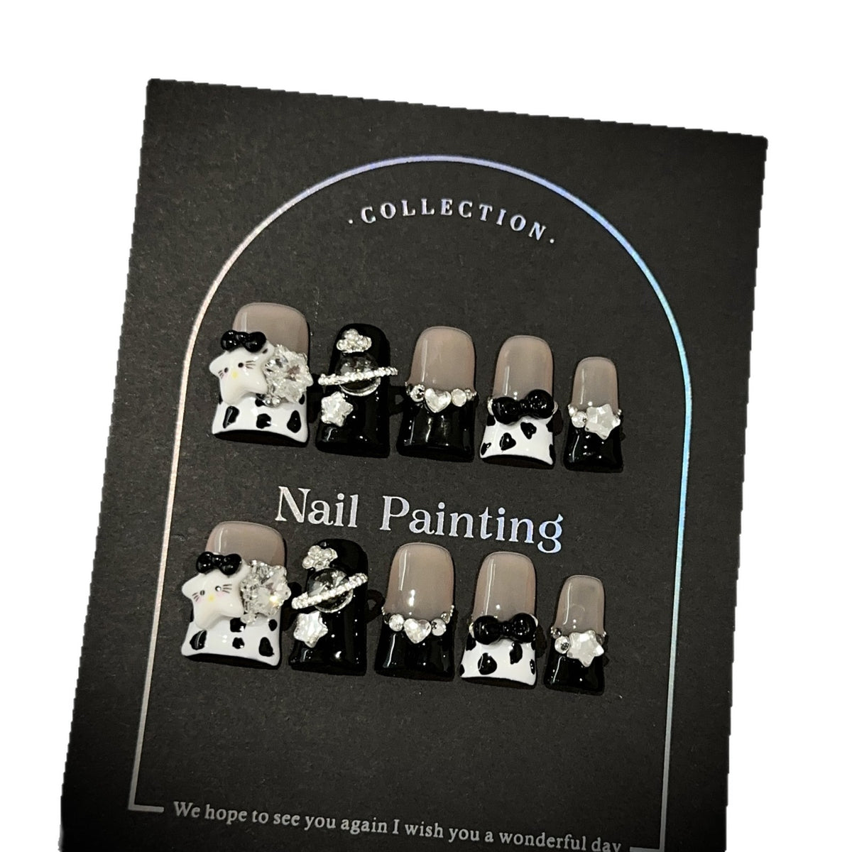 Black & White Rhinestone Bows Press-On Nails - Short Duck - product view 5
