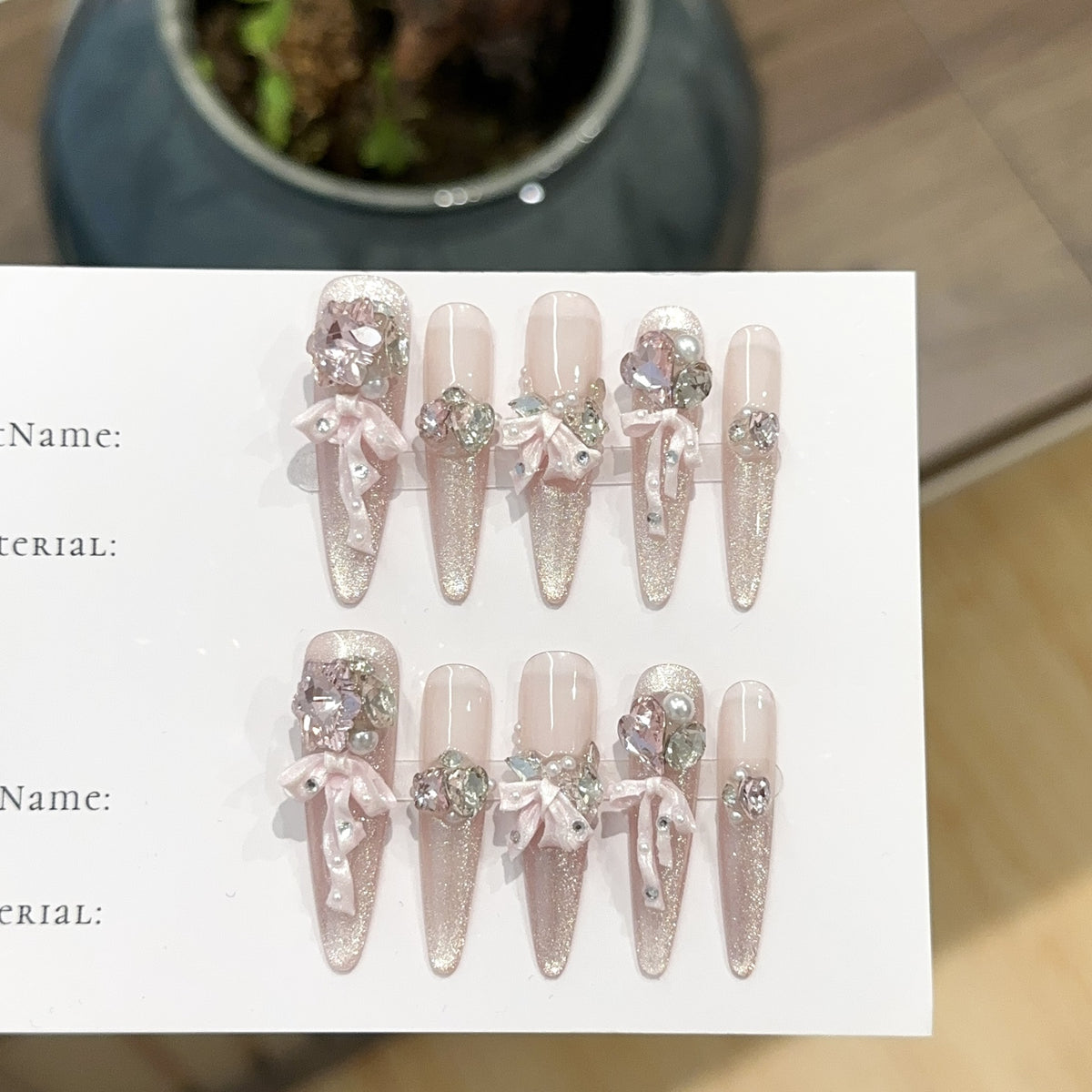 Pink Cat-Eye Bows & Gems Press-On Nails - C421 - product view 1