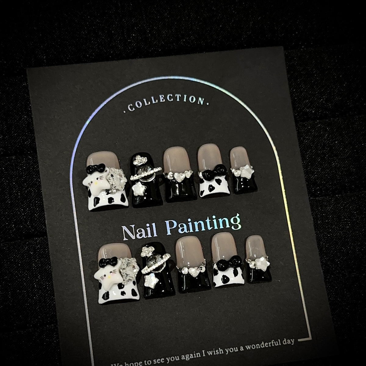 Black & White Rhinestone Bows Press-On Nails - Short Duck - product view 4