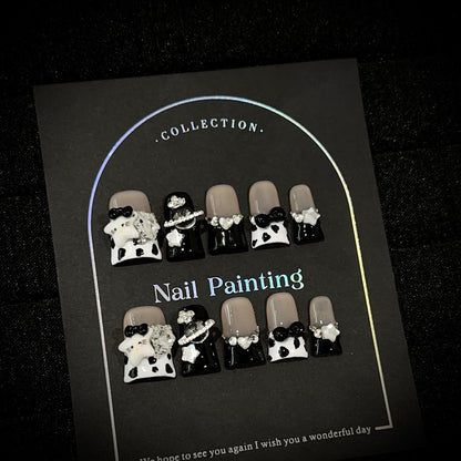 Black & White Rhinestone Bows Press-On Nails - Short Duck - product view 4