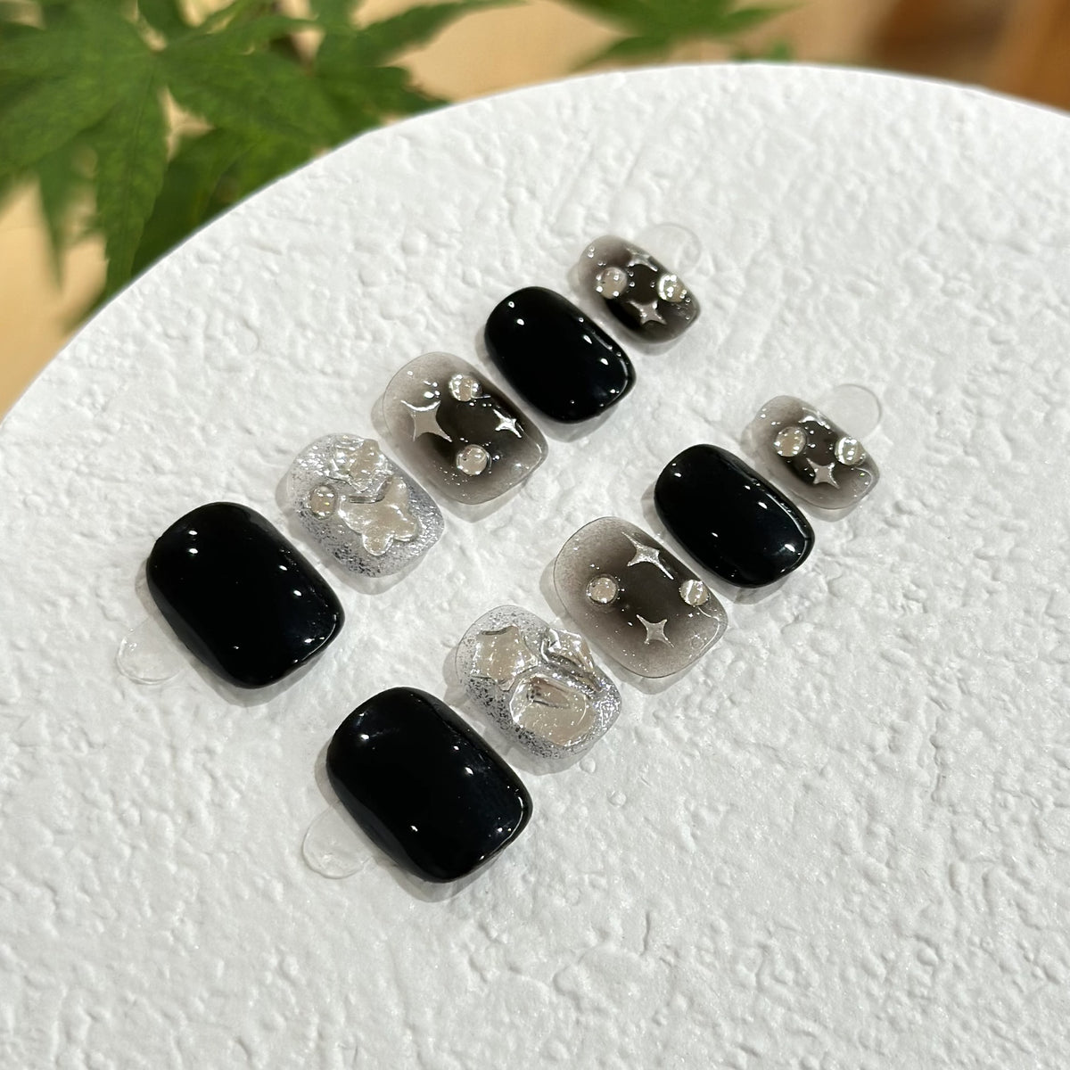 Black Ombre Star Rhinestones Press-On Nails - Short Squoval - product view 3