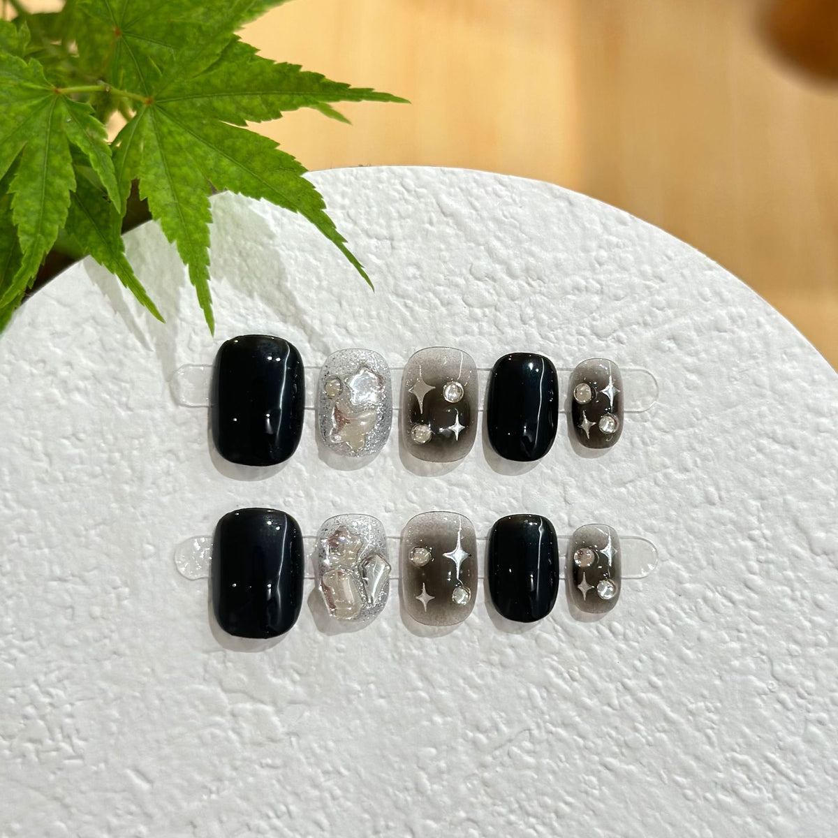Black Ombre Star Rhinestones Press-On Nails - Short Squoval - product view 1