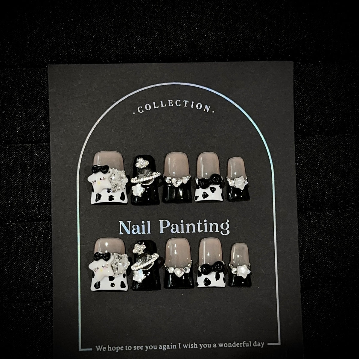 Black & White Rhinestone Bows Press-On Nails - Short Duck - product view 2