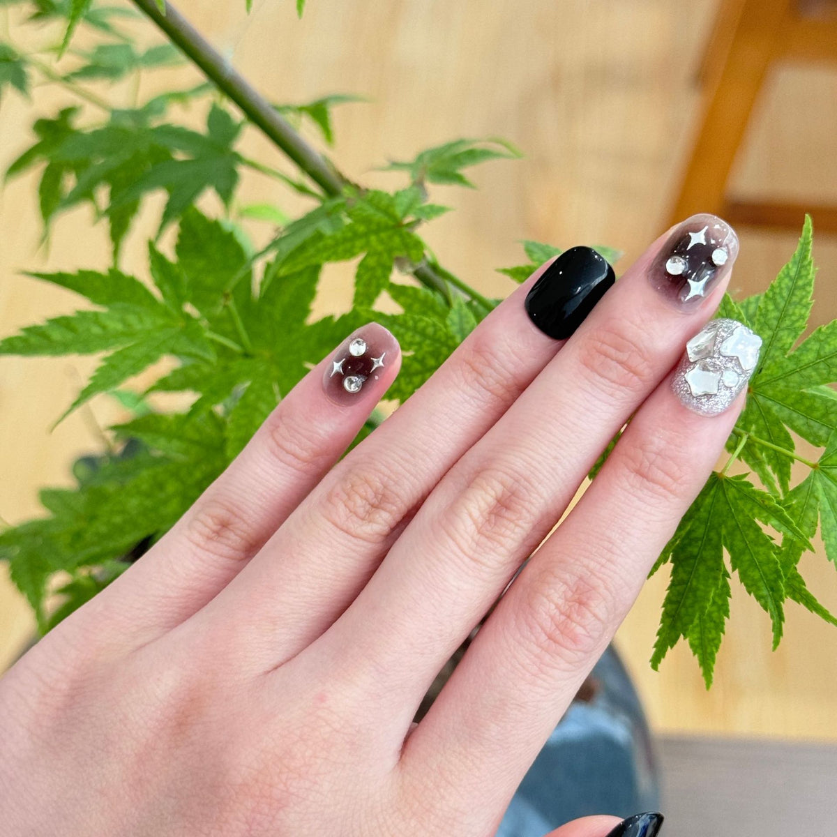 Black Ombre Star Rhinestones Press-On Nails - Short Squoval - product view 4