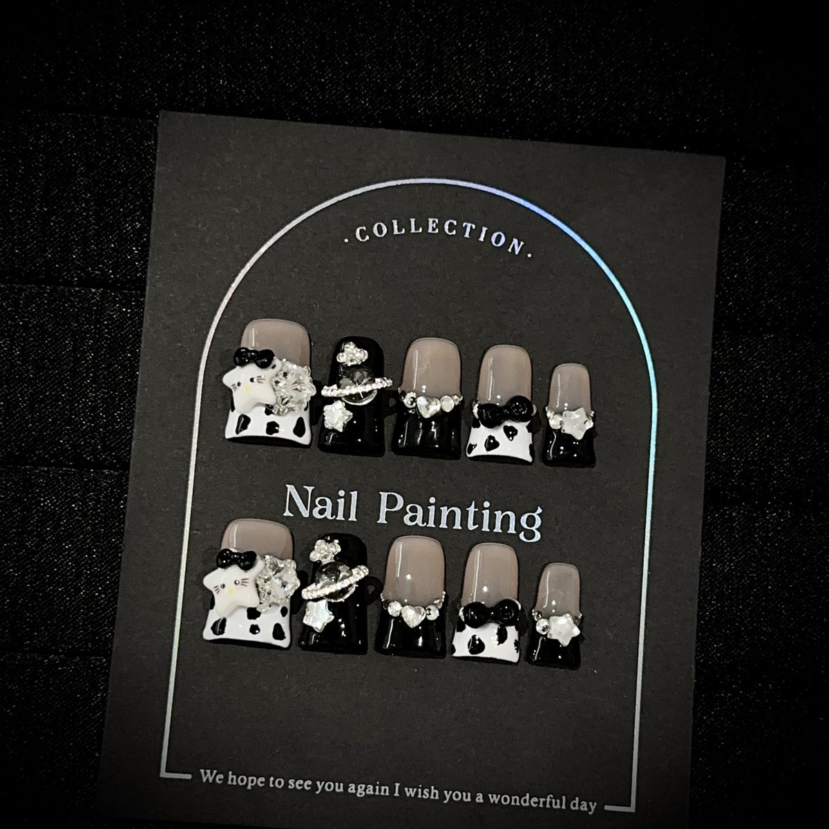 Black & White Rhinestone Bows Press-On Nails - Short Duck - product view 3