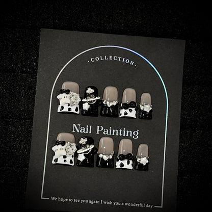 Black & White Rhinestone Bows Press-On Nails - Short Duck - product view 3