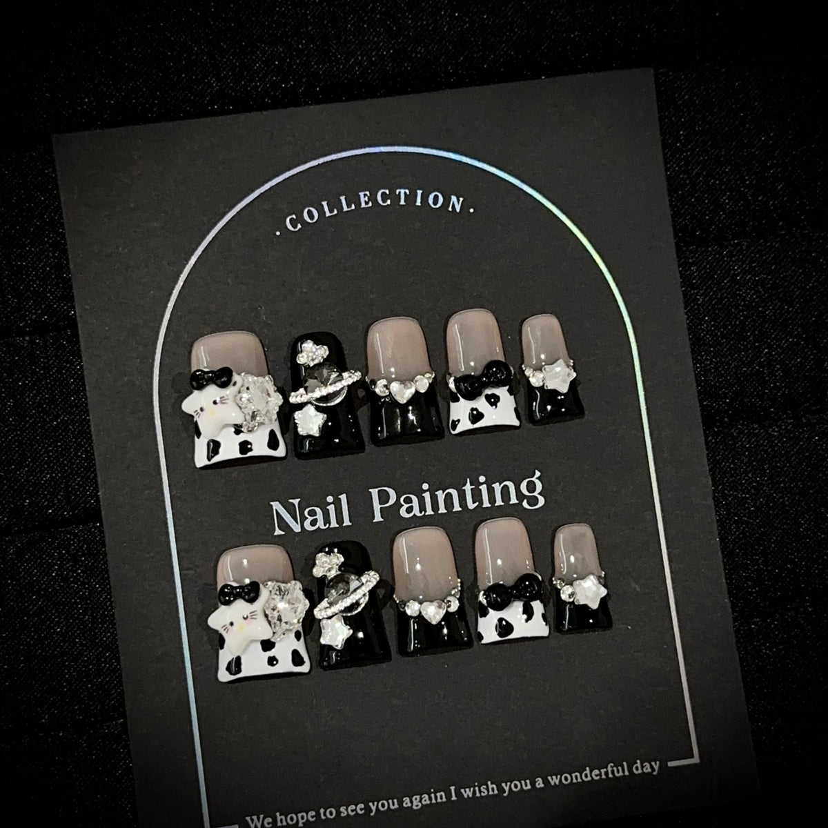 Black & White Rhinestone Bows Press-On Nails - Short Duck - product view 1