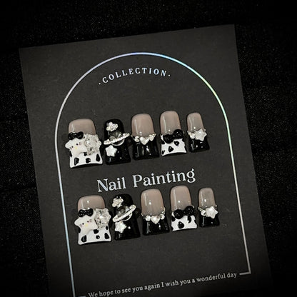 Black & White Rhinestone Bows Press-On Nails - Short Duck - product view 1