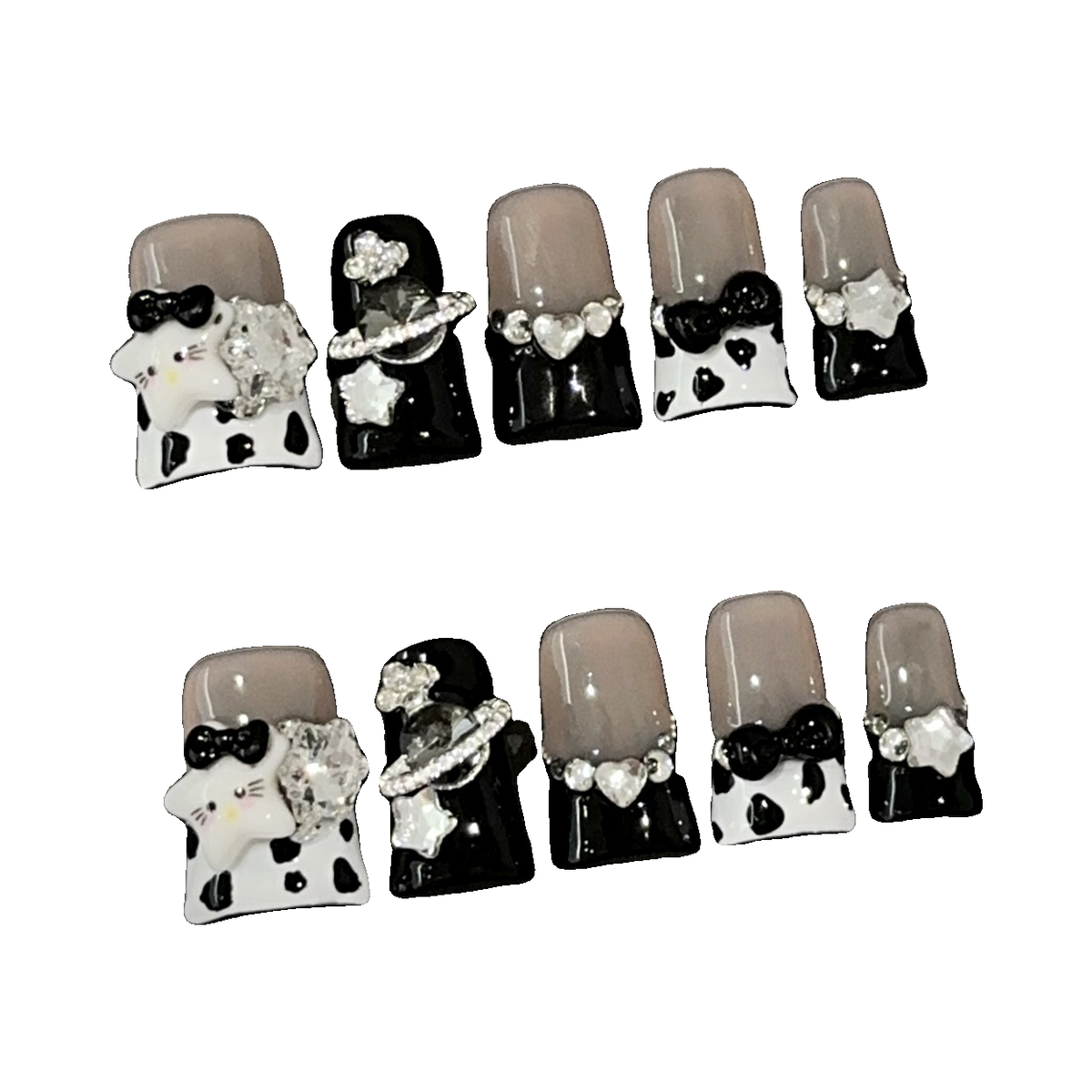 Black & White Rhinestone Bows press-on nail set, 10 nail tips on a white background