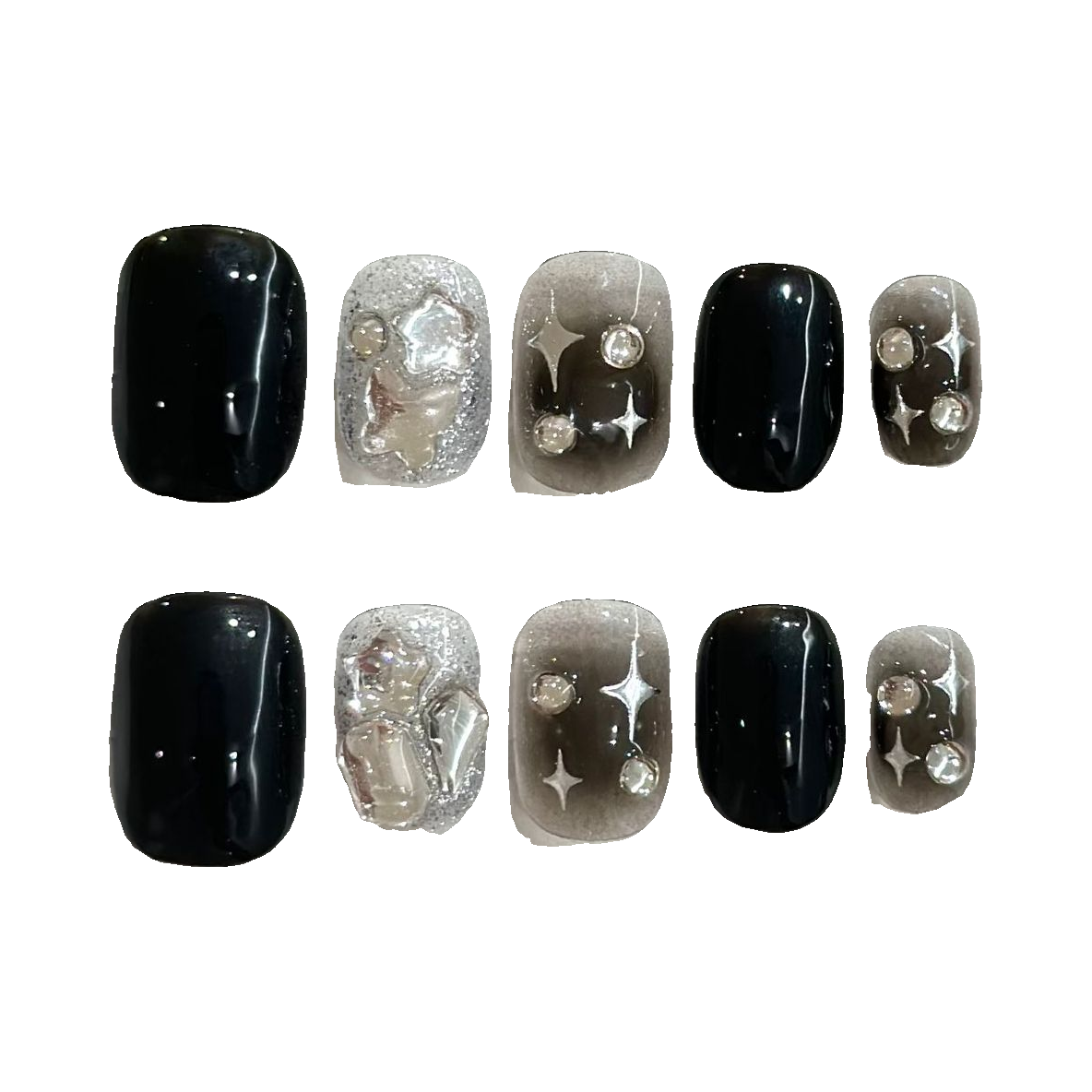 Black Ombre Star Rhinestones press-on nail set, 10 nail tips on a white background