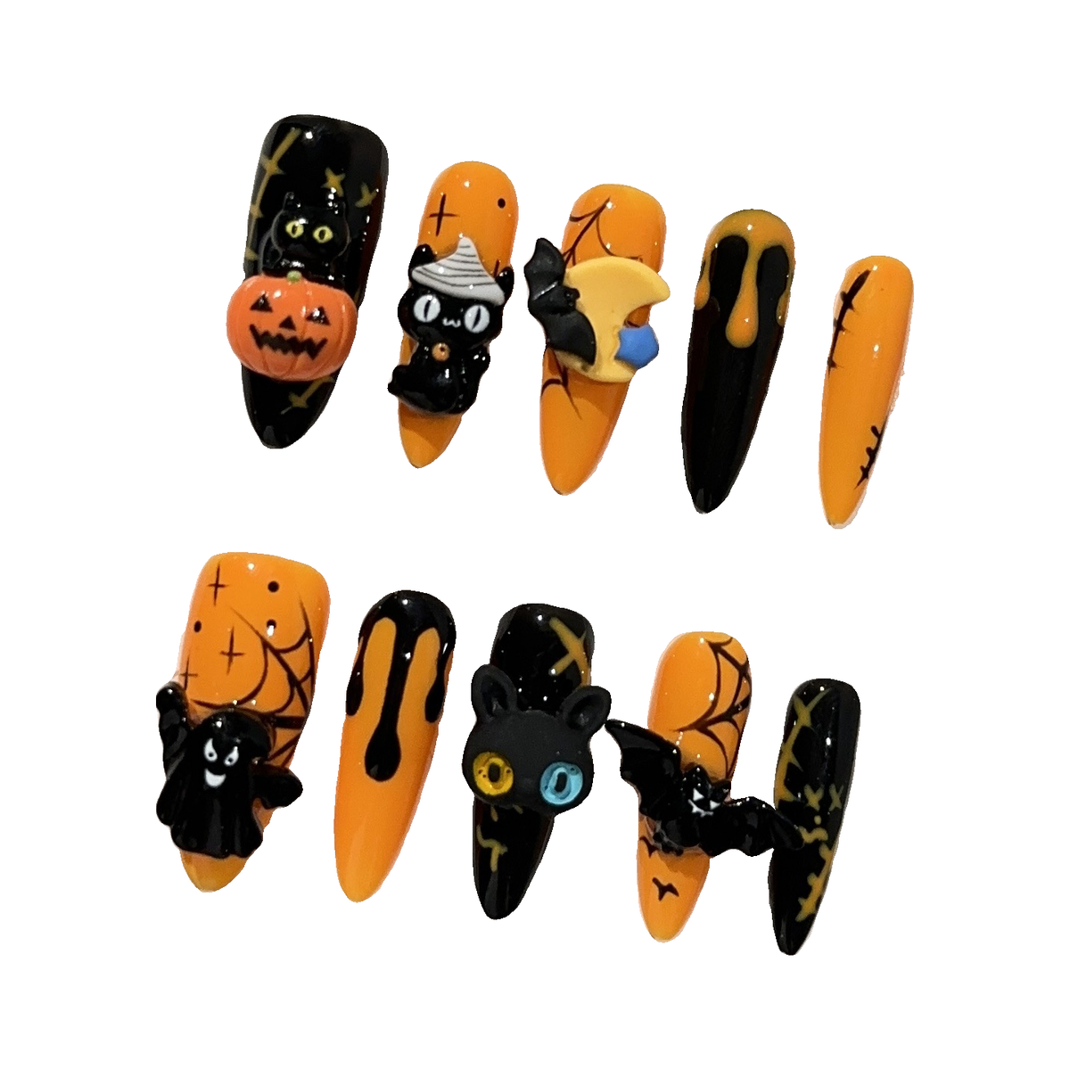 Orange Halloween Pumpkins & Bats press-on nail set, 10 original nail tips centered on a white background
