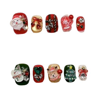 Red & Green Christmas Characters press-on nail set, 10 original nail tips centered on a white background