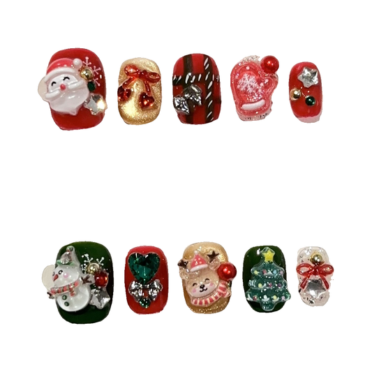 Red & Green Christmas Characters press-on nail set, 10 original nail tips centered on a white background